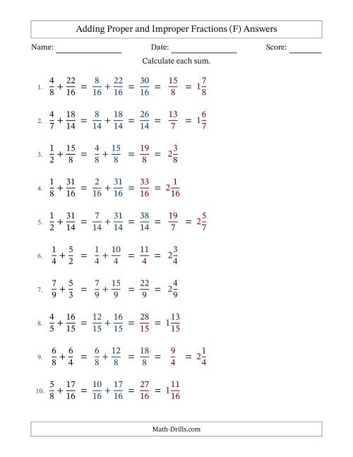 The Adding Proper and Improper Fractions with Similar Denominators, Mixed Fractions Results and Some Simplifying (Fillable) (F) Math Worksheet Page 2