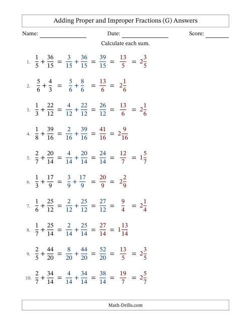 The Adding Proper and Improper Fractions with Similar Denominators, Mixed Fractions Results and Some Simplifying (Fillable) (G) Math Worksheet Page 2