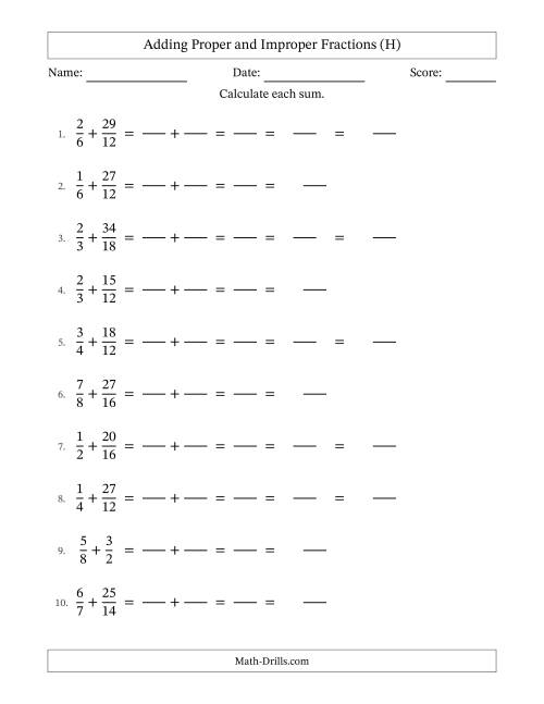 The Adding Proper and Improper Fractions with Similar Denominators, Mixed Fractions Results and Some Simplifying (Fillable) (H) Math Worksheet