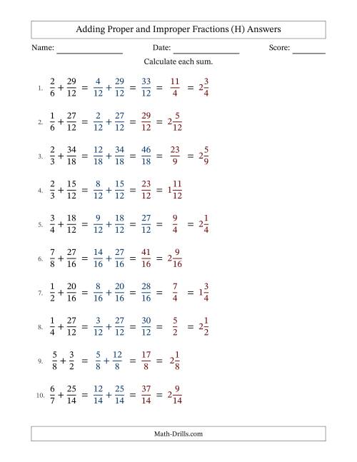 Adding Improper Fractions with Easy-to-Find Common Denominators (H)