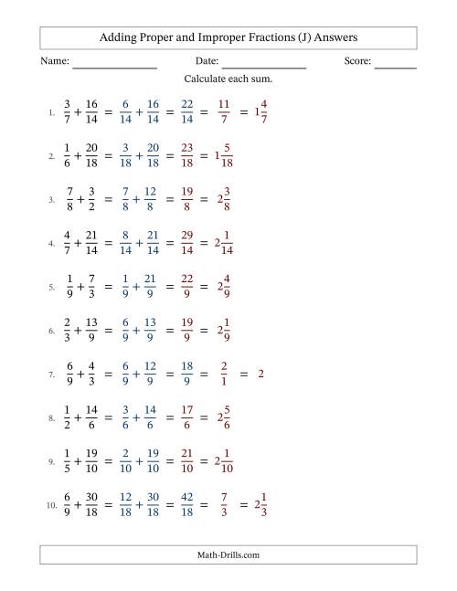 The Adding Proper and Improper Fractions with Similar Denominators, Mixed Fractions Results and Some Simplifying (Fillable) (J) Math Worksheet Page 2