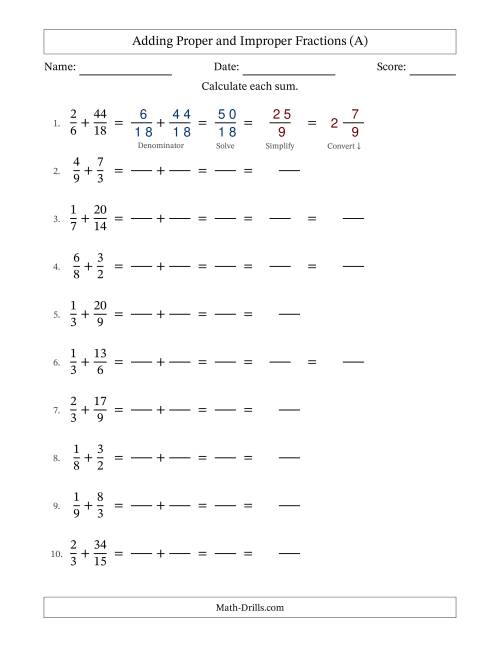 The Adding Proper and Improper Fractions with Similar Denominators, Mixed Fractions Results and Some Simplifying (Fillable) (All) Math Worksheet