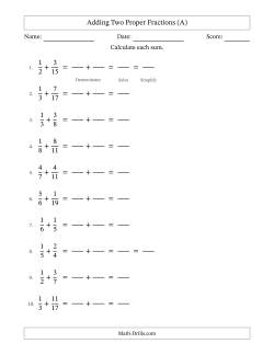 Adding Two Proper Fractions with Unlike Denominators, Proper Fractions Results and Some Simplifying (Fillable)