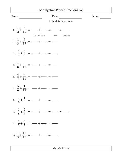 The Adding Fractions with Unlike Denominators (A) Math Worksheet