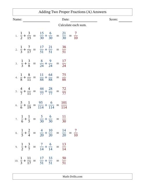 The Adding Two Proper Fractions with Unlike Denominators, Proper Fractions Results and Some Simplifying (Fillable) (A) Math Worksheet Page 2