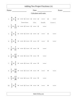 Adding Two Proper Fractions with Unlike Denominators, Mixed Fractions Results and Some Simplifying (Fillable)