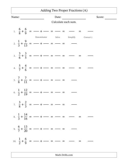 The Adding Fractions with Unlike Denominators and Mixed Fractions Results (A) Math Worksheet