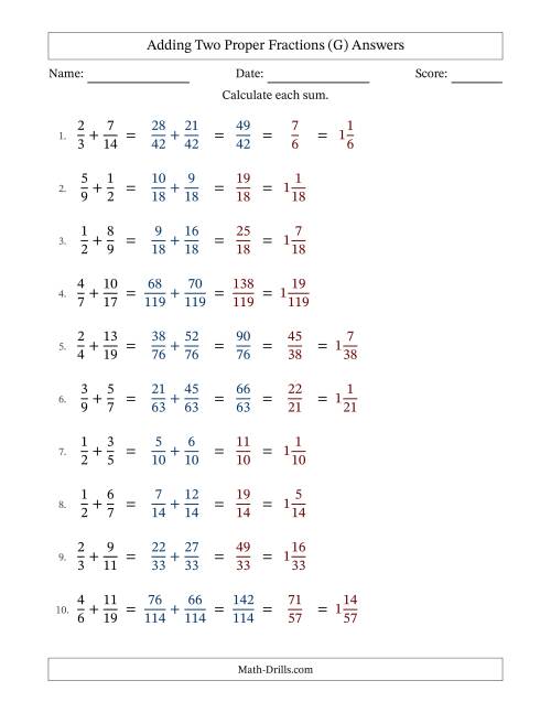 The Adding Two Proper Fractions with Unlike Denominators, Mixed Fractions Results and Some Simplifying (Fillable) (G) Math Worksheet Page 2