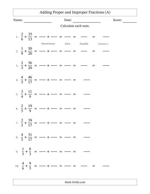 The Adding Proper and Improper Fractions with Unlike Denominators and Mixed Fractions Results (A) Math Worksheet