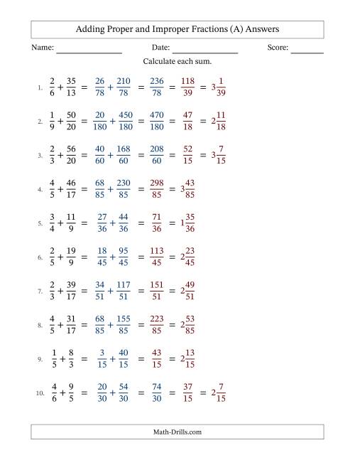 The Adding Proper and Improper Fractions with Unlike Denominators and Mixed Fractions Results (A) Math Worksheet Page 2