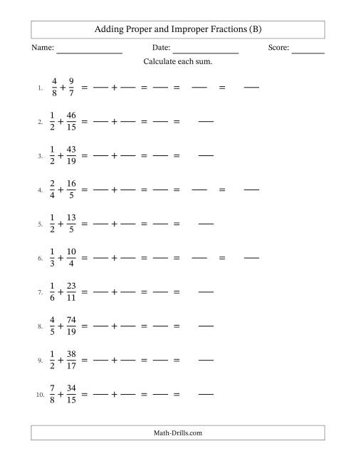 The Adding Proper and Improper Fractions with Unlike Denominators, Mixed Fractions Results and Some Simplifying (Fillable) (B) Math Worksheet