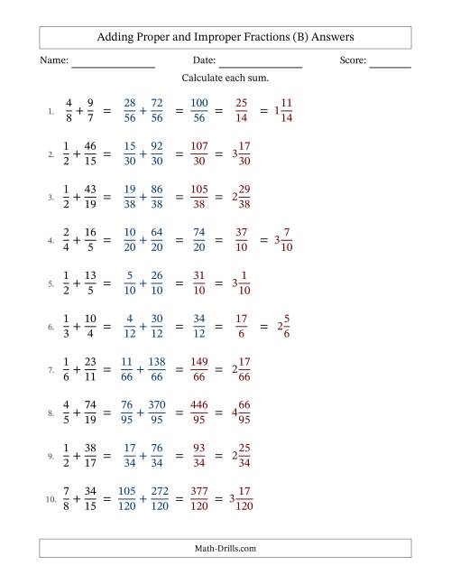 The Adding Proper and Improper Fractions with Unlike Denominators, Mixed Fractions Results and Some Simplifying (Fillable) (B) Math Worksheet Page 2