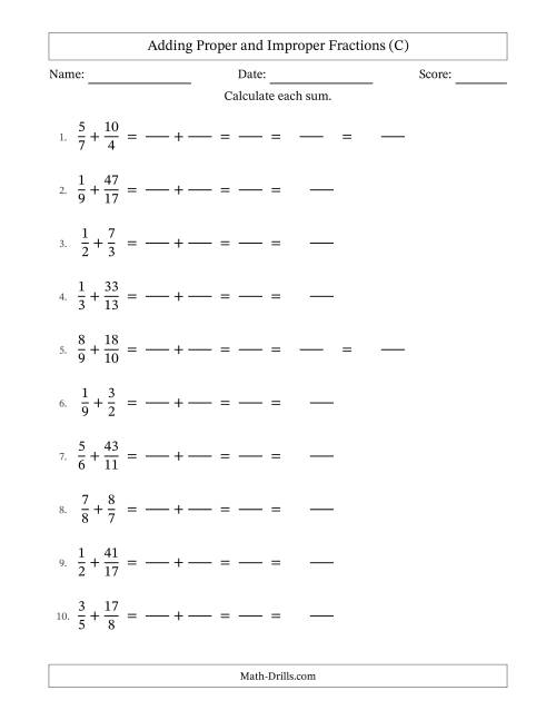 The Adding Proper and Improper Fractions with Unlike Denominators, Mixed Fractions Results and Some Simplifying (Fillable) (C) Math Worksheet