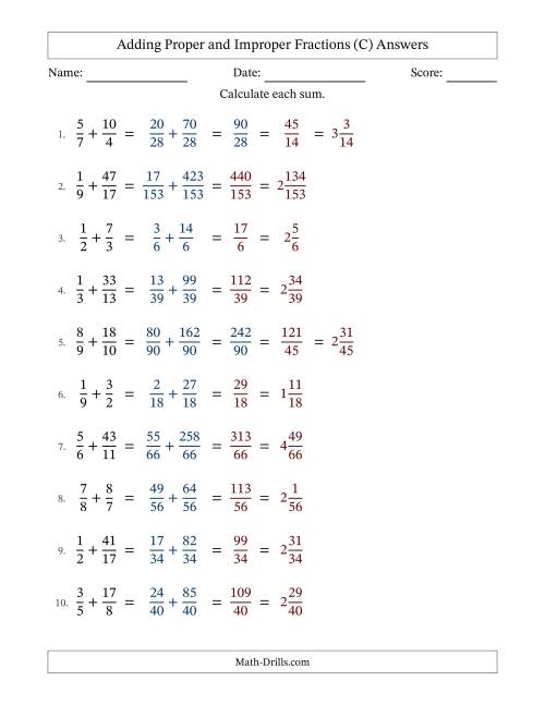 The Adding Proper and Improper Fractions with Unlike Denominators, Mixed Fractions Results and Some Simplifying (Fillable) (C) Math Worksheet Page 2