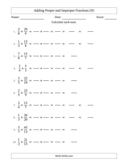 The Adding Proper and Improper Fractions with Unlike Denominators, Mixed Fractions Results and Some Simplifying (Fillable) (D) Math Worksheet