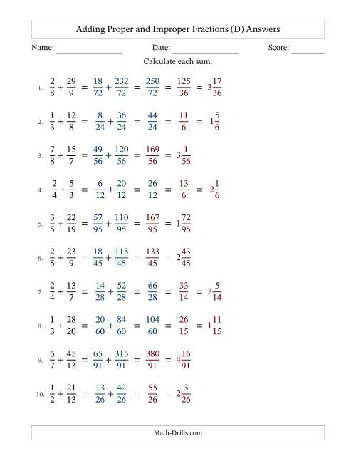 The Adding Proper and Improper Fractions with Unlike Denominators, Mixed Fractions Results and Some Simplifying (Fillable) (D) Math Worksheet Page 2