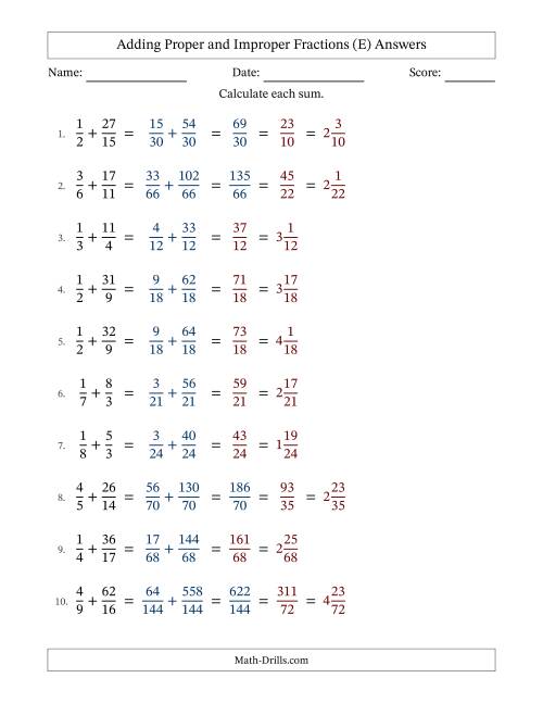The Adding Proper and Improper Fractions with Unlike Denominators, Mixed Fractions Results and Some Simplifying (Fillable) (E) Math Worksheet Page 2
