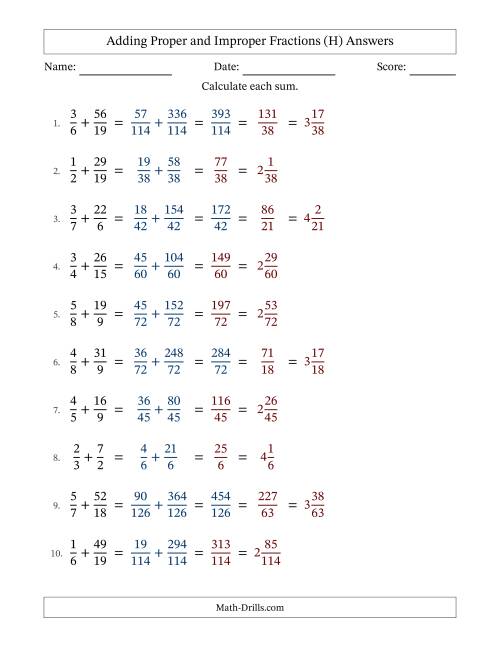 The Adding Proper and Improper Fractions with Unlike Denominators, Mixed Fractions Results and Some Simplifying (Fillable) (H) Math Worksheet Page 2