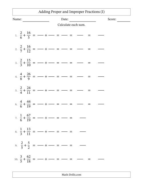 The Adding Proper and Improper Fractions with Unlike Denominators, Mixed Fractions Results and Some Simplifying (Fillable) (I) Math Worksheet