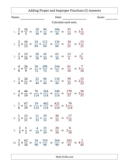 The Adding Proper and Improper Fractions with Unlike Denominators, Mixed Fractions Results and Some Simplifying (Fillable) (I) Math Worksheet Page 2
