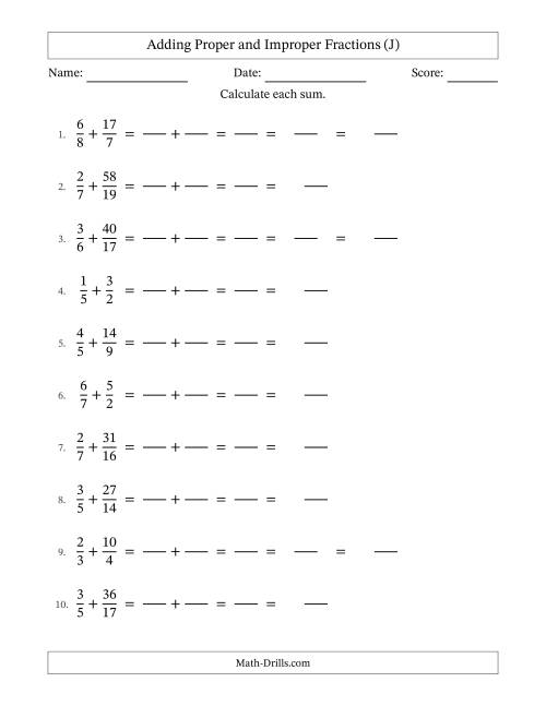 The Adding Proper and Improper Fractions with Unlike Denominators, Mixed Fractions Results and Some Simplifying (Fillable) (J) Math Worksheet