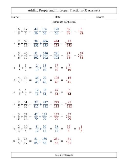 The Adding Proper and Improper Fractions with Unlike Denominators, Mixed Fractions Results and Some Simplifying (Fillable) (J) Math Worksheet Page 2