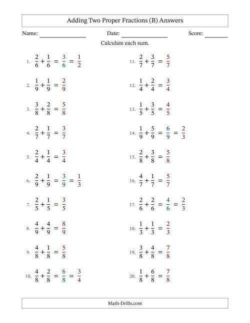 Adding Fractions with Like Denominators (Simple Fraction Sums) (B)