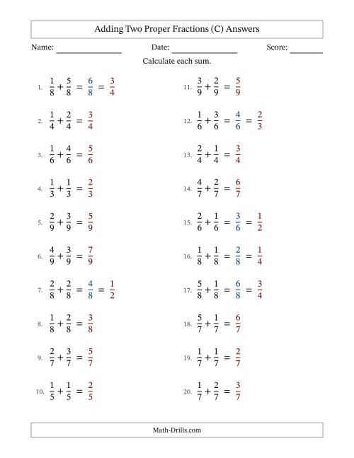 Adding Fractions with Like Denominators (Simple Fraction Sums) (C)