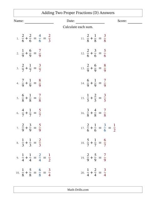 Adding Fractions with Like Denominators (Simple Fraction Sums) (D)