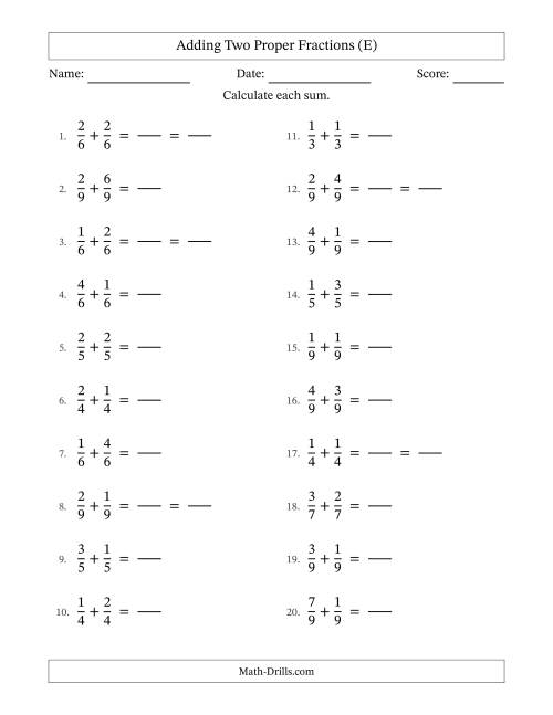 Adding Fractions with Like Denominators (Simple Fraction Sums) (E)