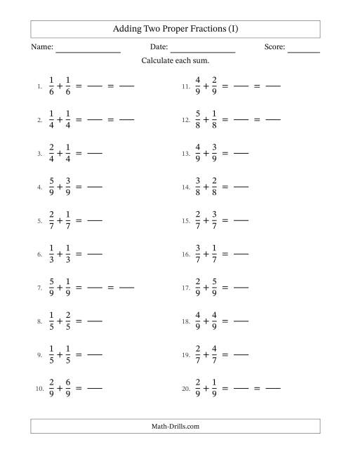 Adding Fractions with Like Denominators (Simple Fraction Sums) (I)