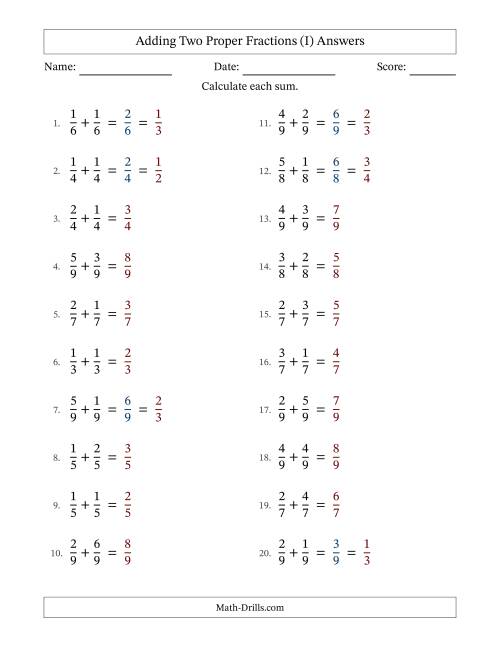 Adding Fractions with Like Denominators (Simple Fraction Sums) (I)