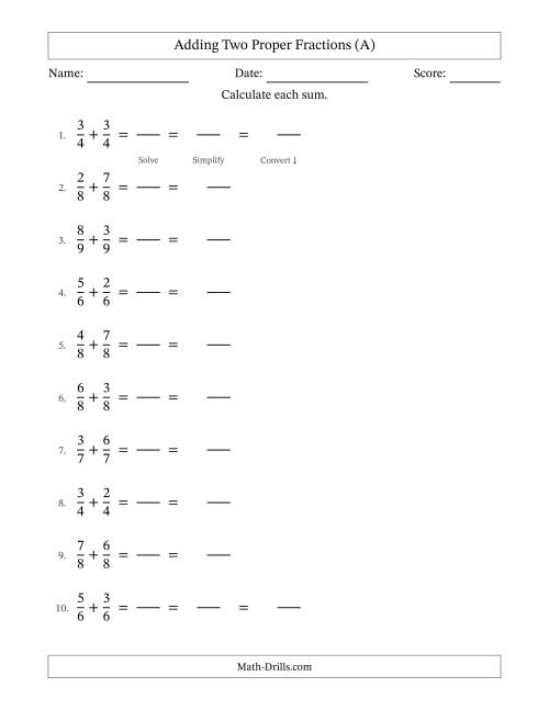 The Adding Fractions with Like Denominators (Mixed Fraction Sums) (A) Math Worksheet