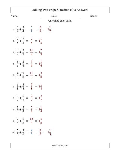 The Adding Fractions with Like Denominators (Mixed Fraction Sums) (A) Math Worksheet Page 2