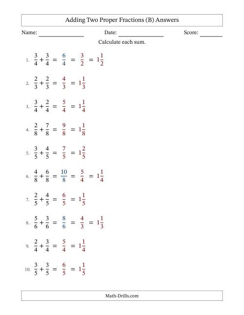 The Adding Two Proper Fractions with Equal Denominators, Mixed Fractions Results and Some Simplifying (Fillable) (B) Math Worksheet Page 2