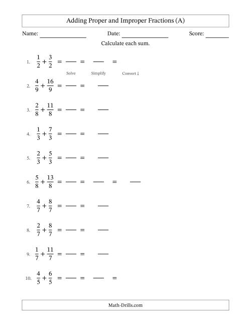 The Adding Fractions with Like Denominators (Improper Fractions Included) (A) Math Worksheet
