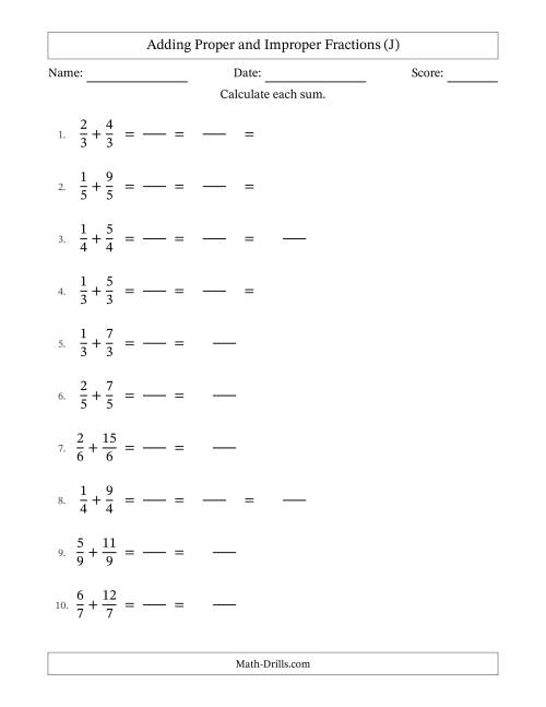 The Adding Proper and Improper Fractions with Equal Denominators, Mixed Fractions Results and Some Simplifying (Fillable) (J) Math Worksheet
