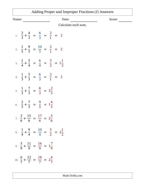 The Adding Proper and Improper Fractions with Equal Denominators, Mixed Fractions Results and Some Simplifying (Fillable) (J) Math Worksheet Page 2