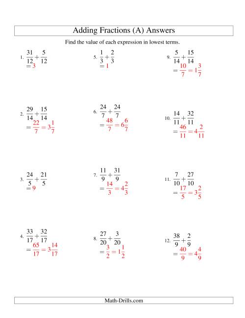 The Adding Proper and Improper Fractions with Like Denominators with Mixed Fraction Results (Old) Math Worksheet Page 2