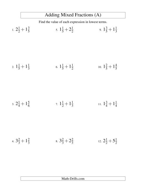 The Adding Mixed Fractions Easy Version (A) Math Worksheet