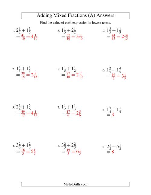 The Adding Mixed Fractions Easy Version (A) Math Worksheet Page 2