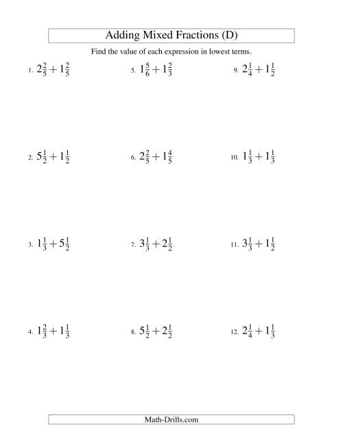 The Adding Mixed Fractions Easy Version (D) Math Worksheet