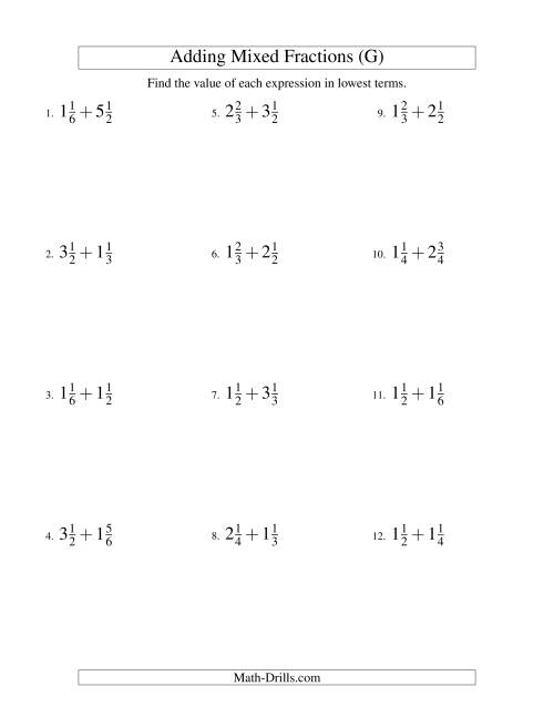 The Adding Mixed Fractions Easy Version (G) Math Worksheet