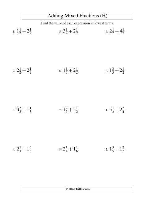 The Adding Mixed Fractions Easy Version (H) Math Worksheet