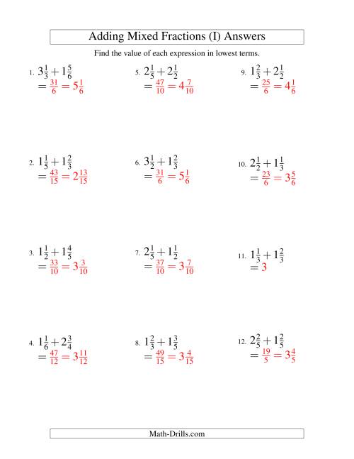 The Adding Mixed Fractions Easy Version (I) Math Worksheet Page 2