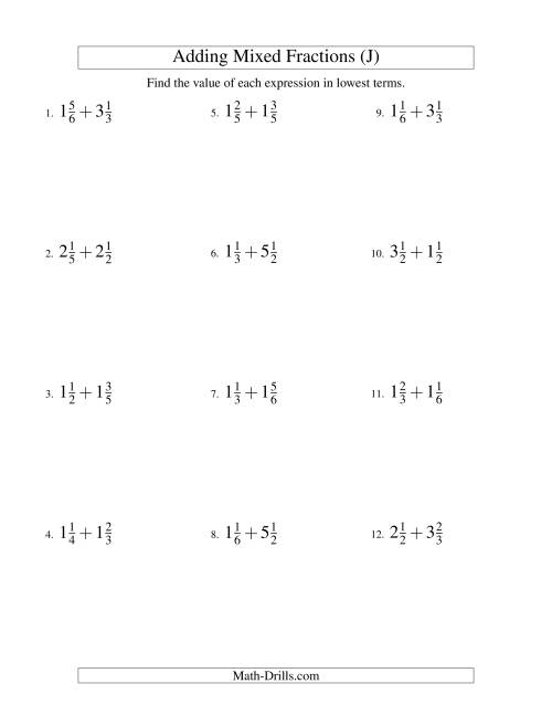 The Adding Mixed Fractions Easy Version (J) Math Worksheet