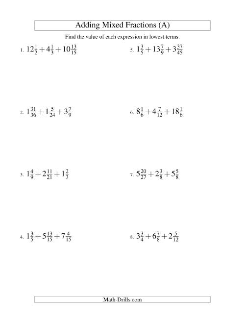 The Adding Mixed Fractions Extreme Version (A) Math Worksheet