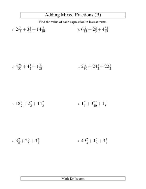 The Adding Mixed Fractions Extreme Version (B) Math Worksheet