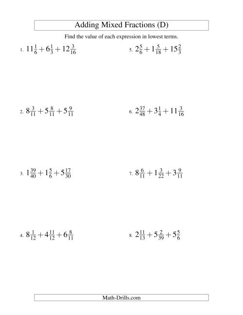 The Adding Mixed Fractions Extreme Version (D) Math Worksheet