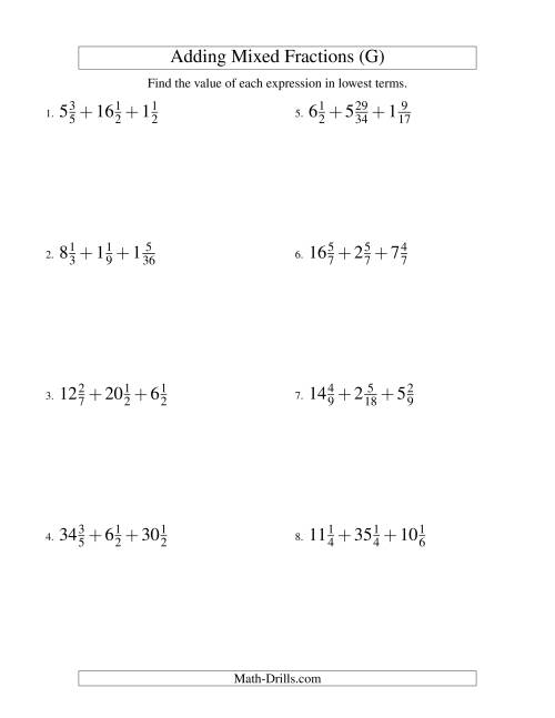 The Adding Mixed Fractions Extreme Version (G) Math Worksheet